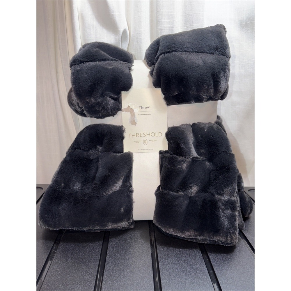 NWT Threshold Faux Fur Throw Blanket Black Size 50" x 60" Machine Washable Cozy